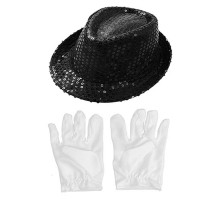 Siyah Renk Payetli Çocuk Şapkası ve Beyaz Renk Çocuk Eldiveni