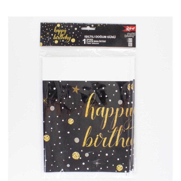 toptan-xml-dropshipping-Siyah Yıldızlı Happy Birthday Masa Örtüsü 120x180 cm