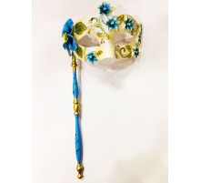 Mavi Renk Çiçek İşlemeli Tutmalı Venedik Göz Maskesi 33x17 cm