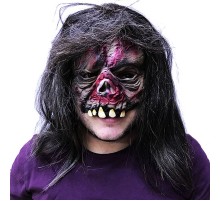 Uzun Siyah Saçlı Yarım Surat Dişli Zombi Lateks Et Maske