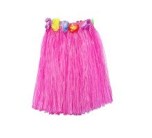 Yetişkin ve Çocuk Uyumlu Pembe Renk Püsküllü Hawaii Luau Hula Etek 40 cm