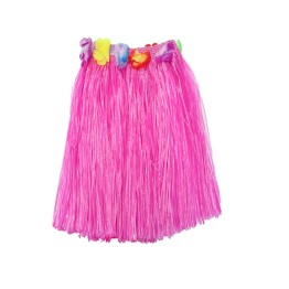 Yetişkin ve Çocuk Uyumlu Pembe Renk Püsküllü Hawaii Luau Hula Etek 40 cm