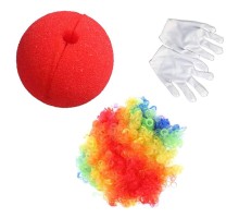 Rengarenk Palyaço Peruk Beyaz Eldiven Kırmızı Sünger Burun Palyaço Seti 3 Parça