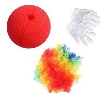 Rengarenk Palyaço Peruk Beyaz Eldiven Kırmızı Sünger Burun Palyaço Seti 3 Parça