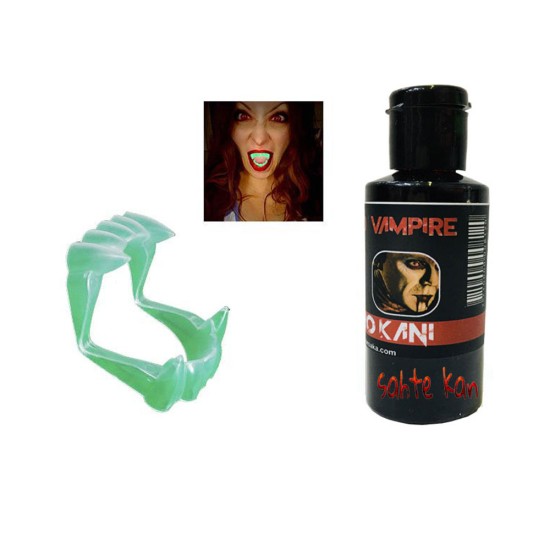 toptan-xml-dropshipping-Fosforlu Çift Damak Takma Vampir Dişi ve 50 gr Tiyatro Kanı