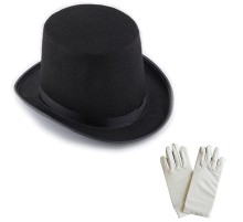 Siyah Sihirbaz Fötr Şapka 15 cm - 1 Çift Beyaz Sihirbaz Eldiveni - Yetişkin Boy