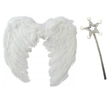 Beyaz Renk Orta Boy Çocuk Melek Kanadı 35x50 cm ve Beyaz Ponponlu Asa