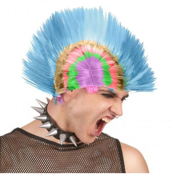 toptan-xml-dropshipping-Mohican Mohawk Punk 70 li Yıllar 80 li Yıllar Peruğu Rainbow Peruk Mavi Saçaklı