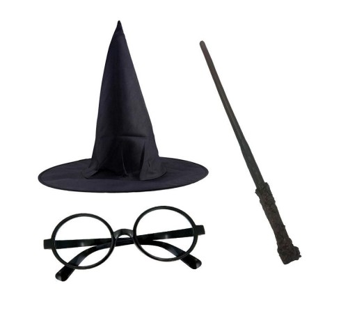 toptan-xml-dropshipping-Harry Potter Şapkası Harry Potter Gözlüğü Harry Potter Asası 3 lü Set