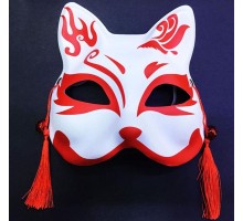 Kırmızı Püsküllü Boncuklu Beyaz Üzeri Kırmızı Renk Plastik Kedi Maskesi Model 1