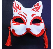 Kırmızı Püsküllü Boncuklu Beyaz Üzeri Kırmızı Renk Plastik Kedi Maskesi Model 1