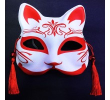 Kırmızı Püsküllü Boncuklu Beyaz Üzeri Kırmızı Renk Plastik Kedi Maskesi Model 2