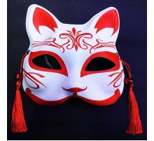 Kırmızı Püsküllü Boncuklu Beyaz Üzeri Kırmızı Renk Plastik Kedi Maskesi Model 2