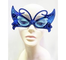 Metalize Kelebek Şekilli Parlak Parti Gözlüğü Mavi Renk 15x9 cm