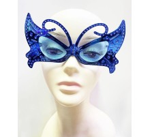 Metalize Kelebek Şekilli Parlak Parti Gözlüğü Mavi Renk 15x9 cm
