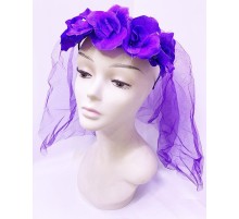 Uzun Duvaklı Üstü Mor Çiçekli Parti Tacı