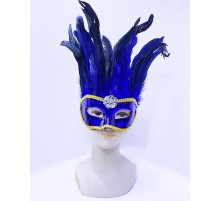 Mavi Renk Ekstra Bol Kuş Tüylü Sarı Dantelli Venedik Maskesi 30x19 cm