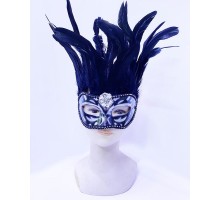 Siyah Renk Ekstra Bol Kuş Tüylü Gümüş Dantelli Venedik Maskesi 30x19 cm