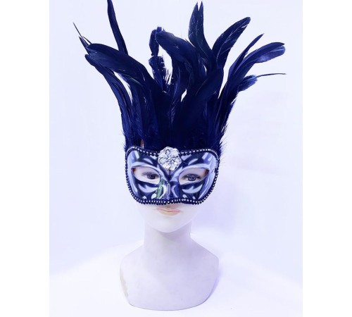 toptan-xml-dropshipping-Siyah Renk Ekstra Bol Kuş Tüylü Gümüş Dantelli Venedik Maskesi 30x19 cm