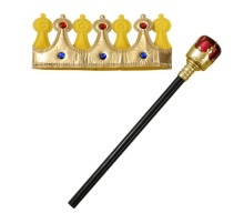 Çocuk Boy Altın Renk Kumaş Kral Tacı ve Kırmızı Topuzlu Kraliyet Asası
