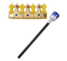 Çocuk Boy Altın Renk Kumaş Kral Tacı ve Mavi Topuzlu Kraliyet Asası