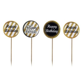 Siyah Gold Renk Temalı Happy Birthday Kürdan Süsü 20 Adet