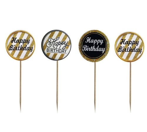 toptan-xml-dropshipping-Siyah Gold Renk Temalı Happy Birthday Kürdan Süsü 20 Adet