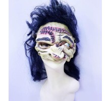 Siyah Uzun Saçlı Yarım Surat Vidalı Dikiş İzli Lateks Korku Maskesi