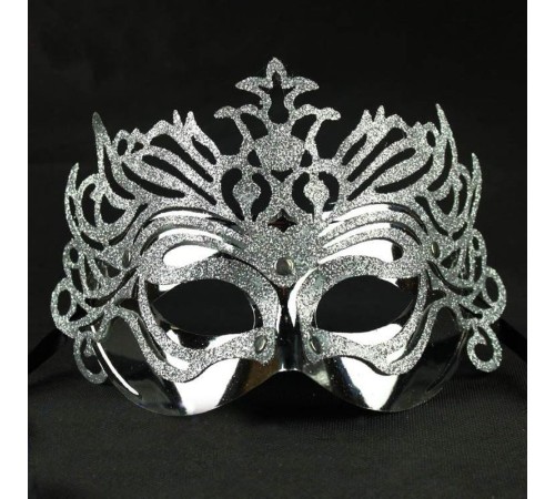 toptan-xml-dropshipping-Metalik Gümüş Renk Masquerade Kelebek Simli Parti Maskesi 23x14 cm