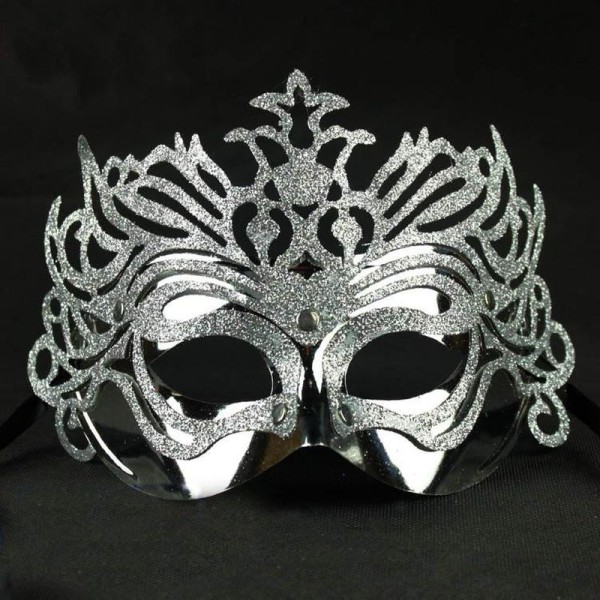 toptan-xml-dropshipping-Metalik Gümüş Renk Masquerade Kelebek Simli Parti Maskesi 23x14 cm