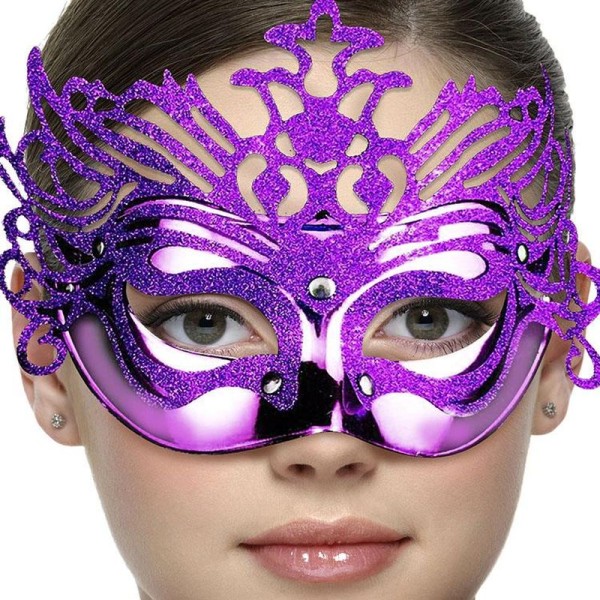 toptan-xml-dropshipping-Metalik Mor Renk Masquerade Kelebek Simli Parti Maskesi 23x14 cm