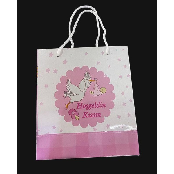 toptan-xml-dropshipping-Hoşgeldin Kızım Yazılı Leylek Temalı Hediye Karton Çantası 14x17 cm