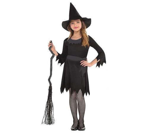 toptan-xml-dropshipping-Siyah Elbiseli Siyah Şapkalı Çocuk Cadı Kostümü