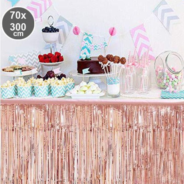 toptan-xml-dropshipping-Püsküllü Işıltılı Metalize Rose Renk Masa Eteği 70x300 cm