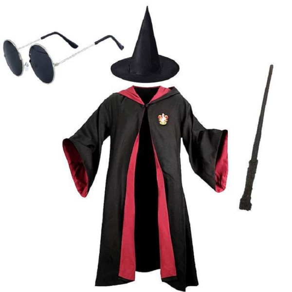 toptan-xml-dropshipping-Harry Potter Gryffindor Çocuk Kostüm + Şapka + Asa + Gözlük Full Seti
