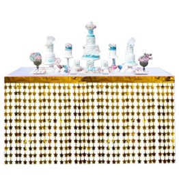 Püsküllü Işıltılı Metalize Altın Yıldızlı Masa Eteği 75x360 cm