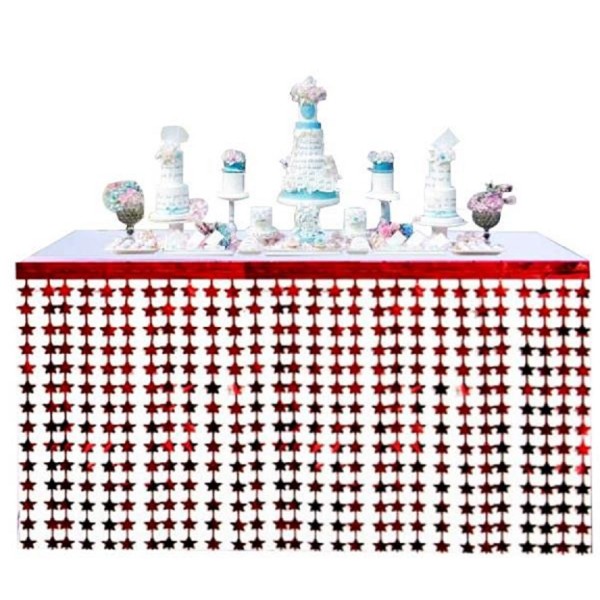 toptan-xml-dropshipping-Püsküllü Işıltılı Metalize Kırmızı Yıldızlı Masa Eteği 75x360 cm