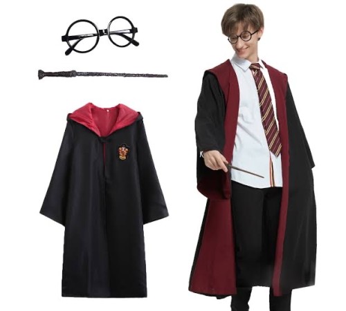 toptan-xml-dropshipping-Harry Potter Gryffindor Kapişonlu Çocuk Kostüm + Asa + Gözlük 3 Parça Set