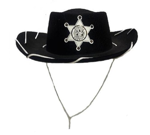 toptan-xml-dropshipping-Beyaz Bağcıklı Siyah Renk Şerif Rozet Baskılı Kovboy Şapkası Çocuk Boy