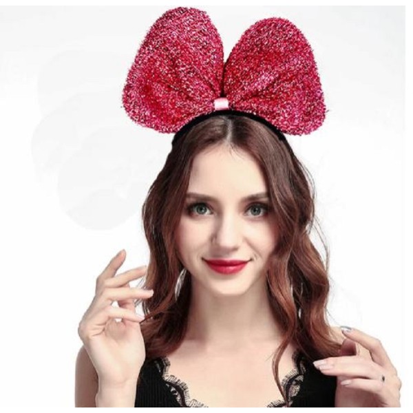 toptan-xml-dropshipping-Metalize Parlak Pullu Fiyonk Kurdele Parti Tacı Pembe Renk 25x17 cm