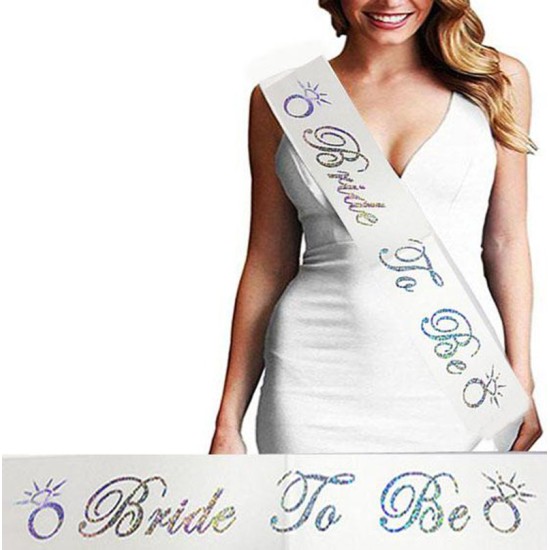 toptan-xml-dropshipping-Bride To Be Saten Kuşak Beyaz Üzeri Hologramlı Metalize Gümüş Yazılı 160x9.5 cm