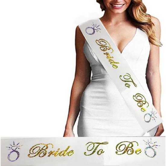 toptan-xml-dropshipping-Bride To Be Saten Kuşak Beyaz Üzeri Hologramlı Metalize Altın Yazılı 160x9.5 cm