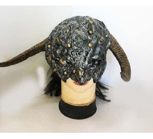 Uzun Siyah Saçlı Büyük Boynuzlu Lateks Et Korku Maskesi