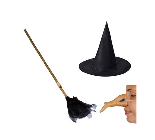toptan-xml-dropshipping-Cadı Süpürgesi - Siyah Cadı Şapkası - Cadı Burnu - 3 lü Set