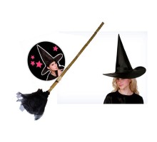 Siyah Cadı Şapkası - Bambu Saplı Cadı Süpürgesi - 2 li Set