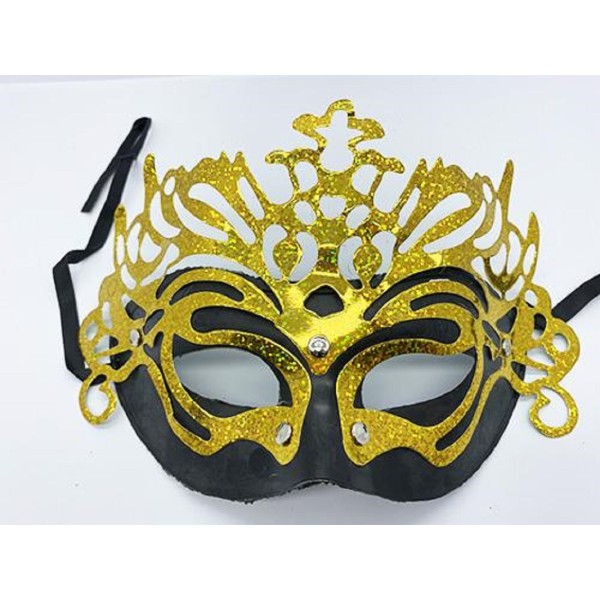 toptan-xml-dropshipping-Metalize Ekstra Parlak Hologramlı Parti Maskesi Siyah-Altın Renk 23x14 cm