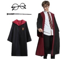 Harry Potter Gryffindor Kapişonlu Çocuk Kostüm + Asa + Yeni Gözlük 3 Parça Set