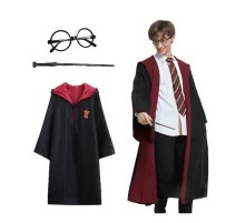 Harry Potter Gryffindor Kapişonlu Çocuk Kostüm + Asa + Gözlük Seti 11-12 Yaş
