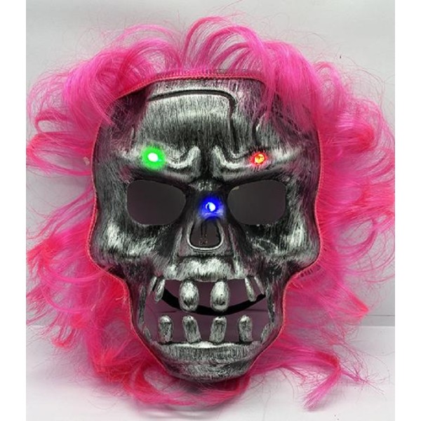 toptan-xml-dropshipping-Pembe Saçlı Led Işıklı Kuru Kafa İskelet Korku Maskesi 22x25 cm