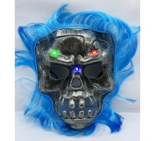 Mavi Saçlı Led Işıklı Kuru Kafa İskelet Korku Maskesi 22x25 cm